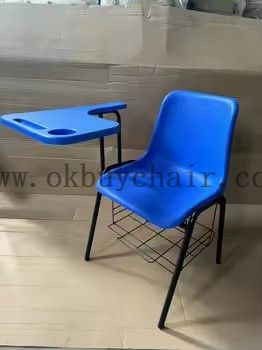 Large Writing Desk Chair with Integrated Table & Storage Basket – PP Plastic Seat, Steel Frame, Stackable for 