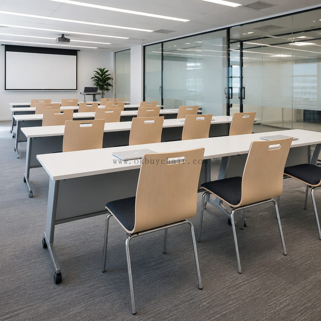 OK-2065S Stackable Plywood Conference Training Chair with Fabric Cushion Seat and Metal Frame
