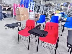 Large Writing Desk Chair with Integrated Table & Storage Basket – PP Plastic Seat, Steel Frame, Stackable for 