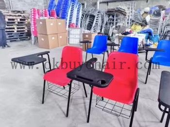 Large Writing Desk Chair with Integrated Table & Storage Basket – PP Plastic Seat, Steel Frame, Stackable for 