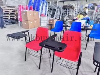 Large Writing Desk Chair with Integrated Table & Storage Basket – PP Plastic Seat, Steel Frame, Stackable for 