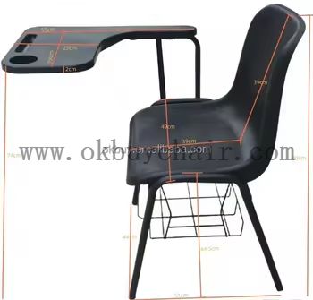 Large Writing Desk Chair with Integrated Table & Storage Basket – PP Plastic Seat, Steel Frame, Stackable for 