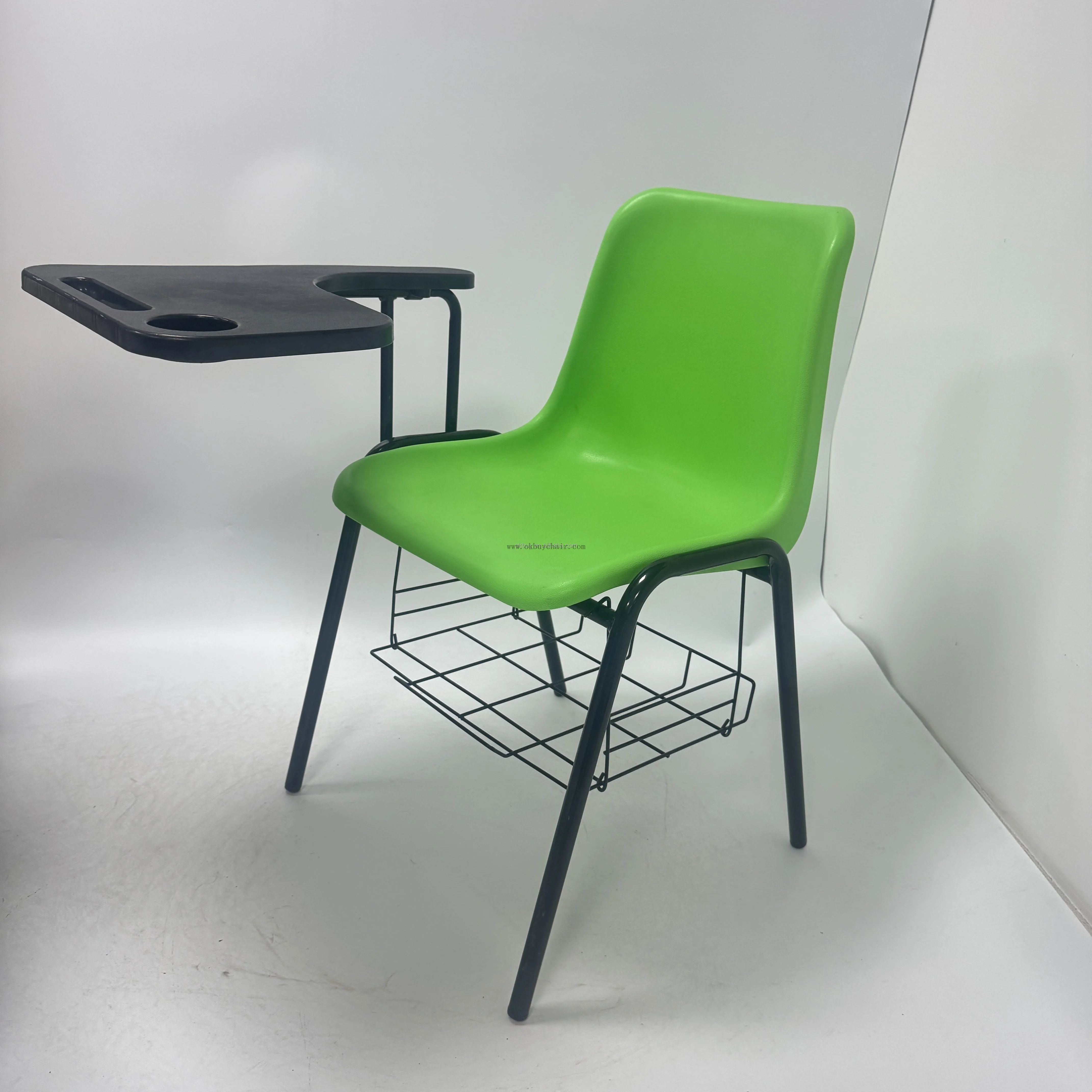 Large Writing Desk Chair with Integrated Table & Storage Basket – PP Plastic Seat, Steel Frame, Stackable for 