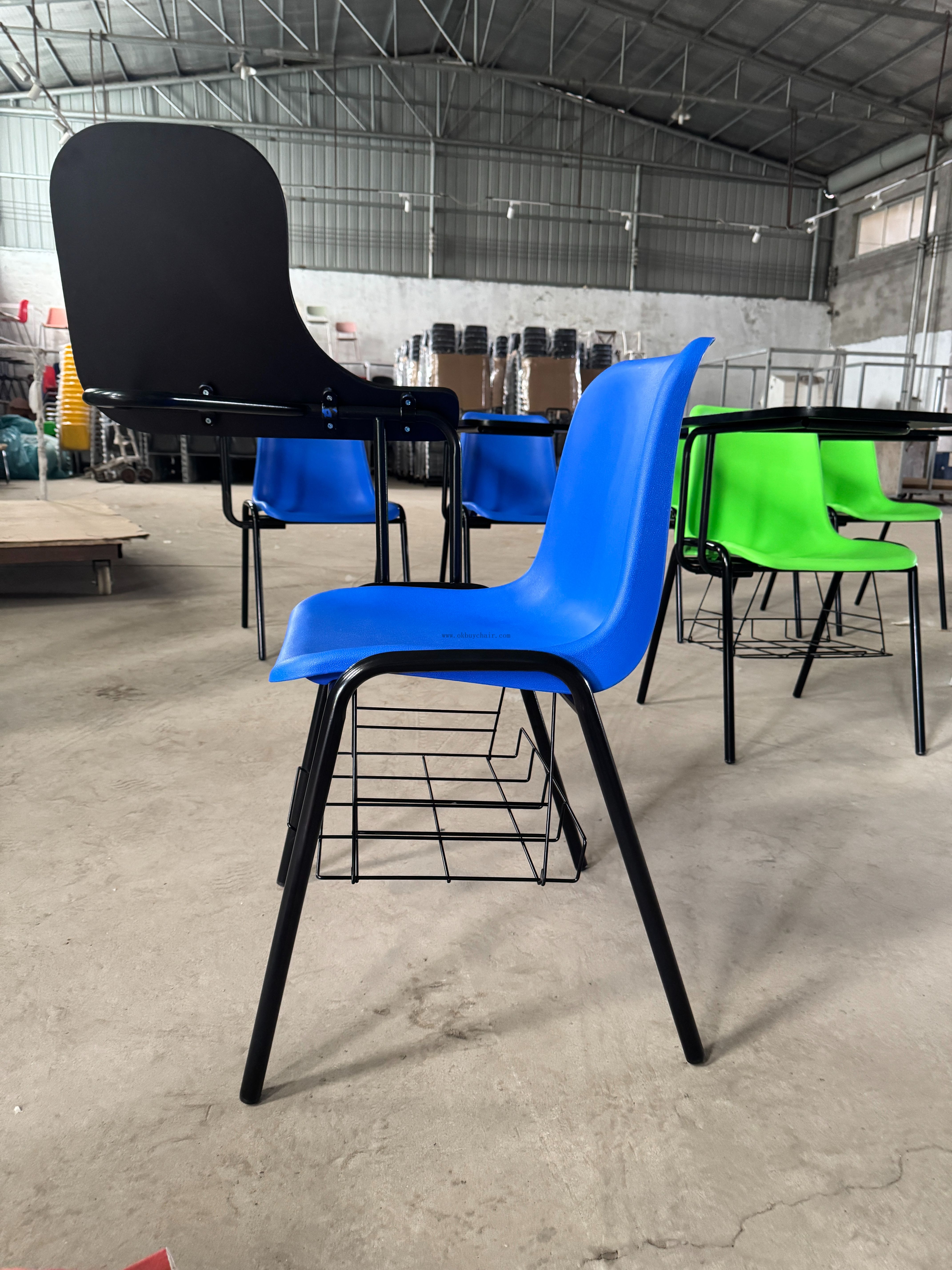 OK-505WDGS Plastic Training Chair with Big Writing Tablet And Hanging Bookrack for Schools