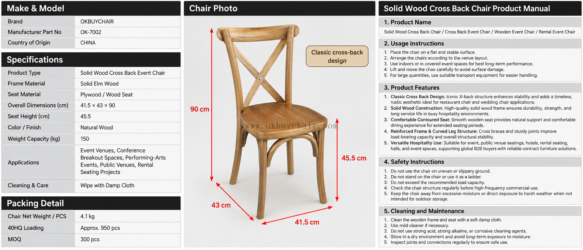 OK-7002 Solid Wood Cross Back Chair Stackable Event Chair