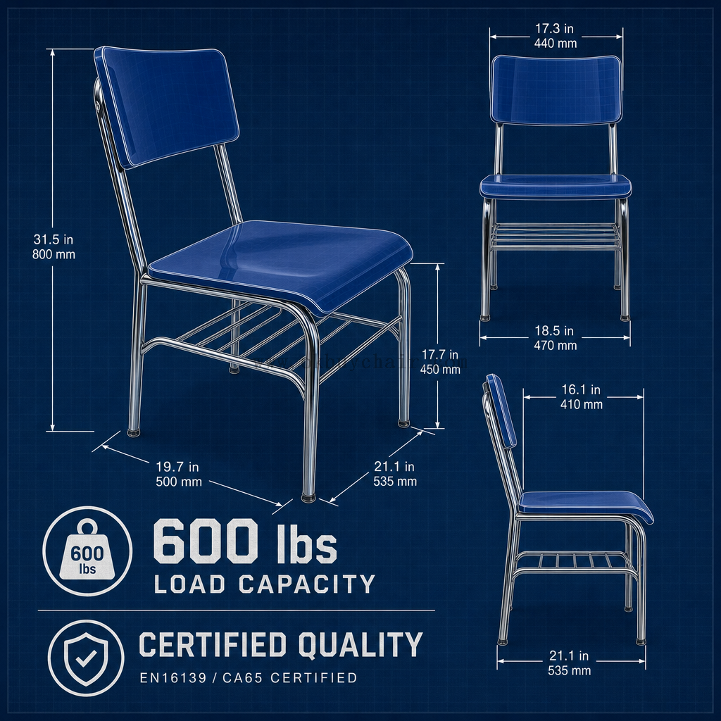 OK-2069 Glossy PP Training Chair with Cushioned Plywood Seat, Bookrack and Chrome-Plated Metal Frame