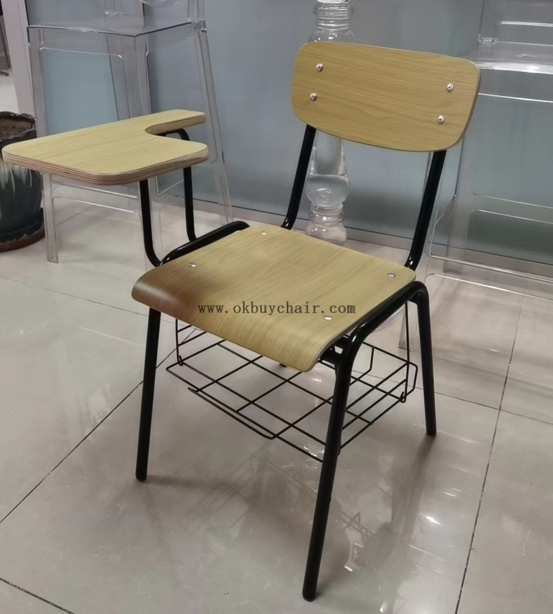 Heavy Duty Educational Chair with Plywood Desk Board and Hanging Rack for Church Auditoriums