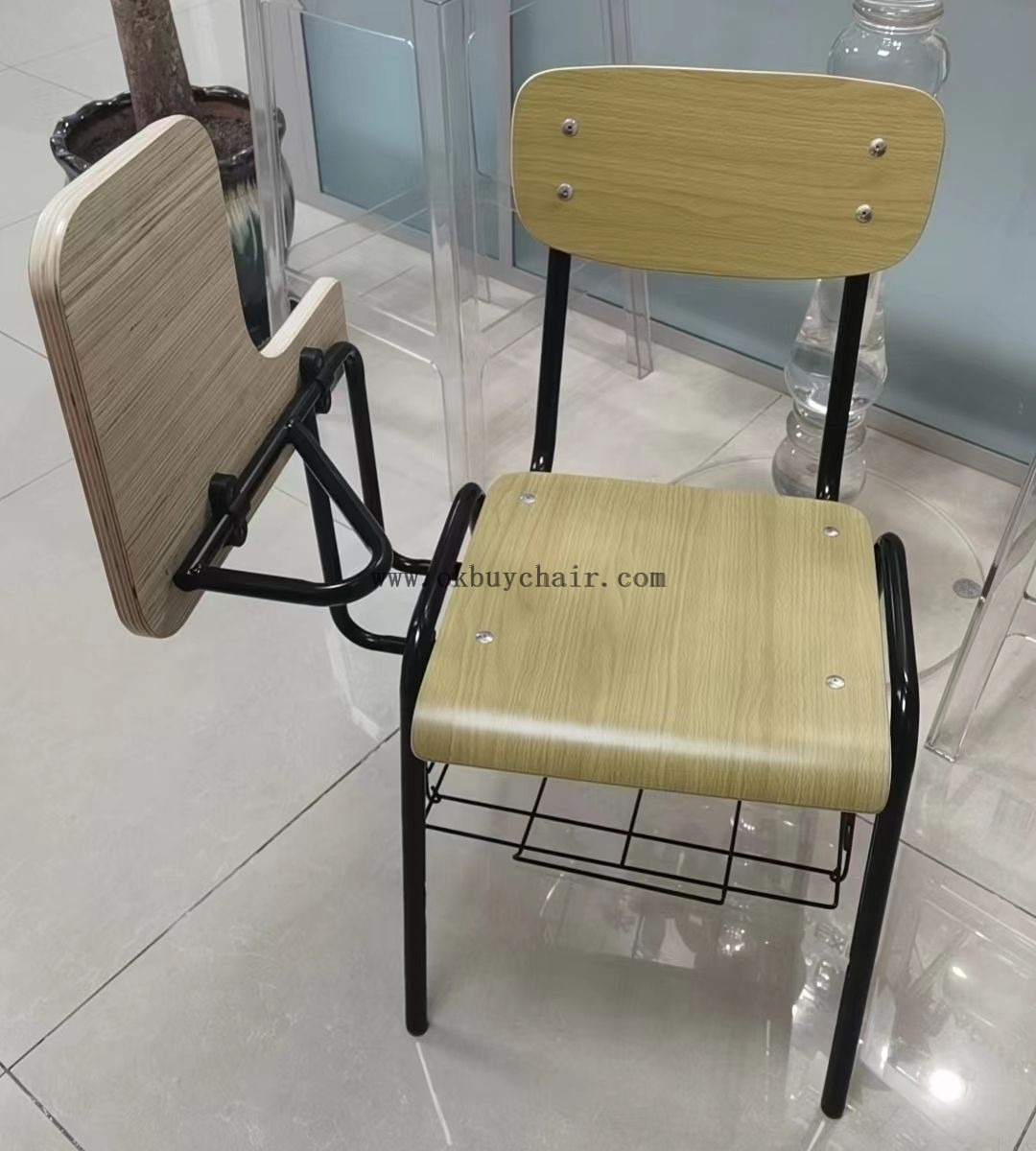 Heavy Duty Educational Chair with Plywood Desk Board and Hanging Rack for Church Auditoriums