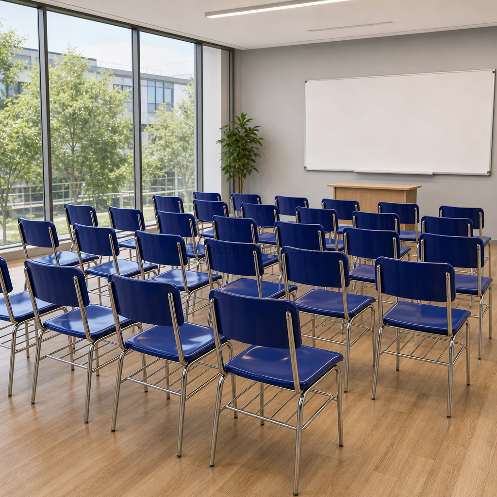 OK-2069 Glossy PP Training Chair with Cushioned Plywood Seat, Bookrack and Chrome-Plated Metal Frame